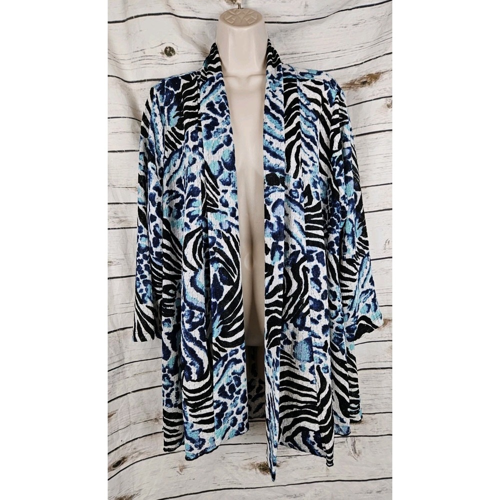 Ali Miles Sheer Knit Kimono Cardigan XL Blue Zebra Print Artsy Womens